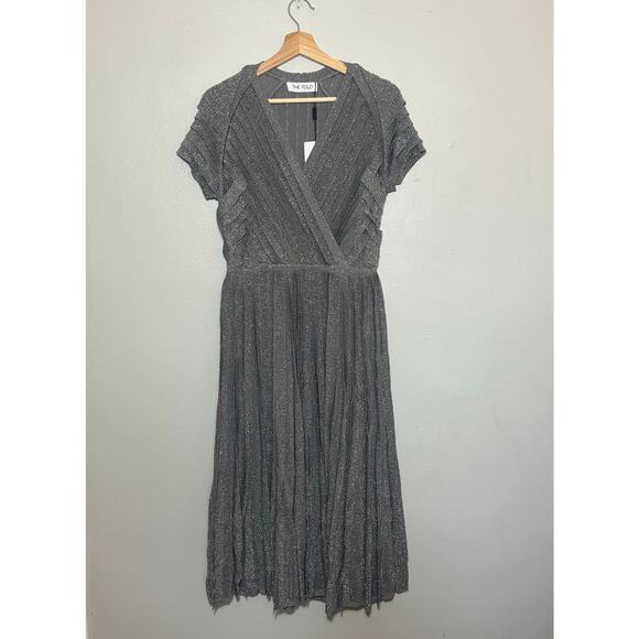 NWT Women's 8 The Fold London Nara Stretch Knit Dress V Neck Metallic Silver - Picture 2 of 8